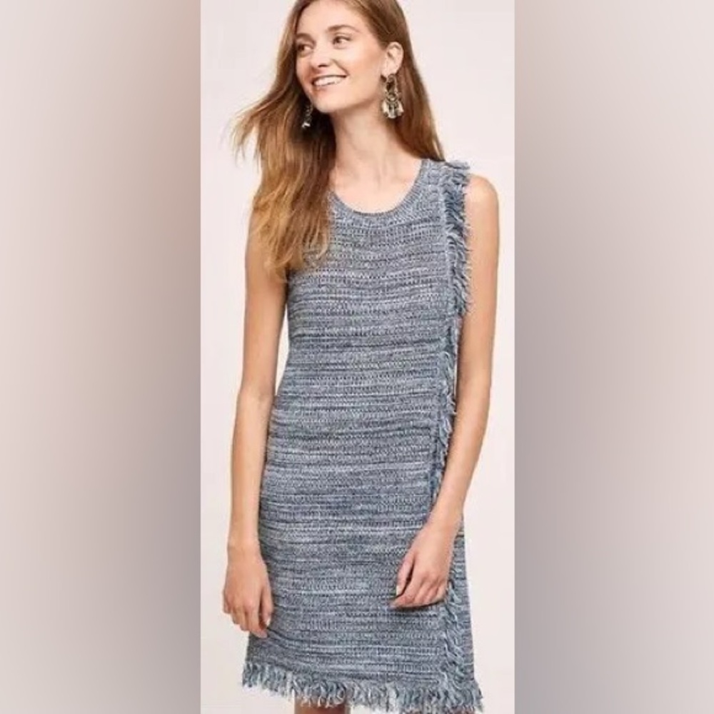 Anthropologie Holding Horses Tweed Fringed Sweater Dress Sleeveless Blue XS
